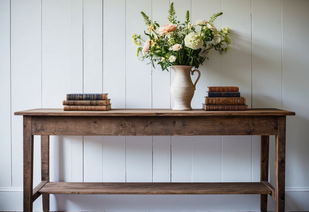 A rustic wooden console table sits against a whitewashed wall, adorned with a vase of fresh flowers and a stack of vintage books