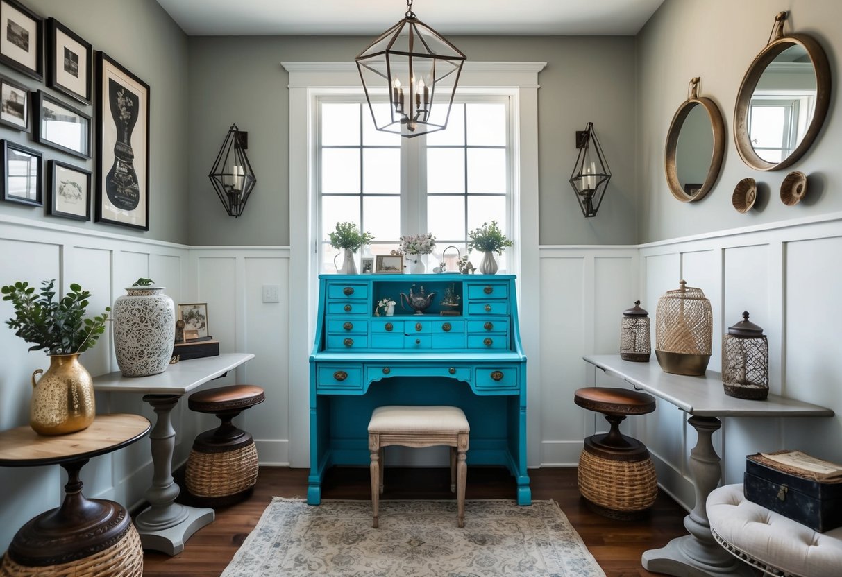 A vintage painted desk sits in an entryway, adorned with decorative items and surrounded by 12 other table ideas