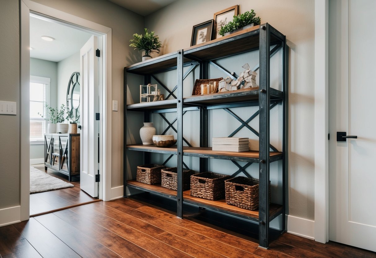 An industrial metal shelf holds various decorative items in a modern entryway