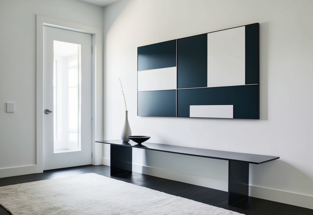 A sleek, minimalist entryway table with clean lines and geometric shapes. The table is positioned against a white wall with a modern, abstract art piece hanging above it