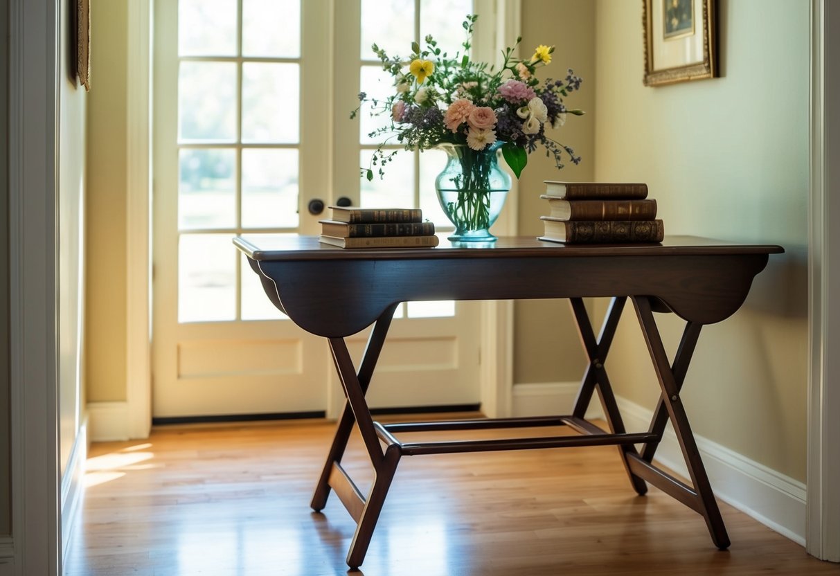 A vintage folding buffet table sits in a sunlit entryway, adorned with a vase of flowers and a stack of antique books