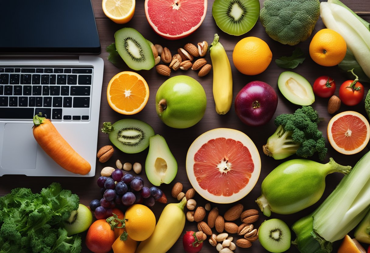 A variety of colorful fruits, vegetables, nuts, and fish are arranged on a table, surrounded by books, a laptop, and a yoga mat