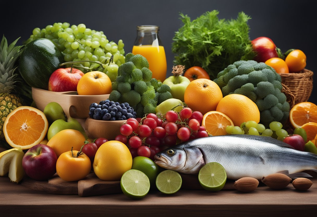 A colorful array of fruits, vegetables, nuts, and fish arranged on a table, with a bright, sunny backdrop symbolizing the connection between nutrition and mental health