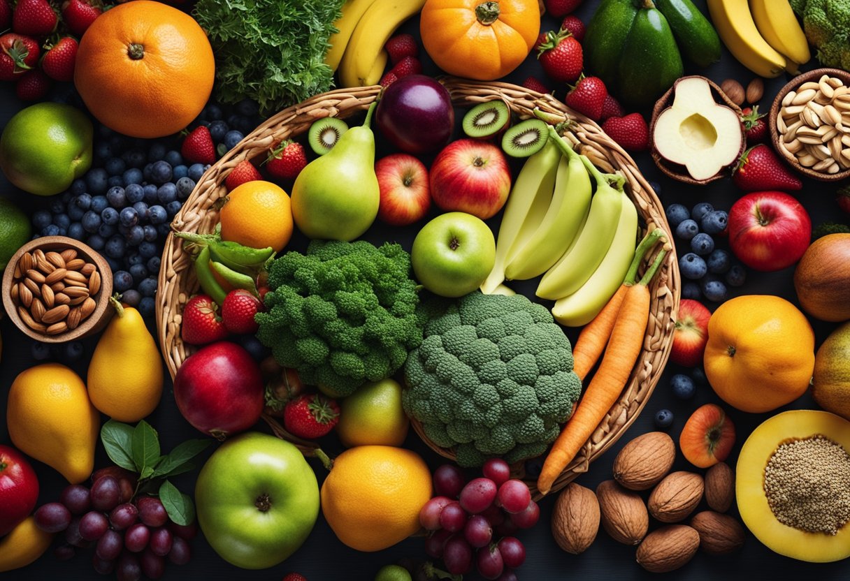 A colorful array of fruits, vegetables, nuts, and seeds arranged in a vibrant, overflowing basket, symbolizing the variety of superfoods for optimal brain health