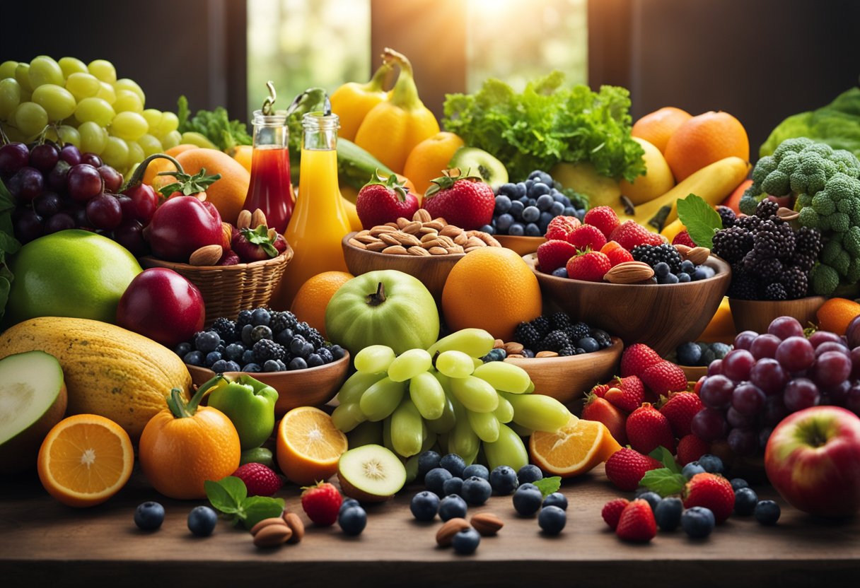 A table filled with colorful fruits, vegetables, nuts, and water, surrounded by rays of light symbolizing mental clarity