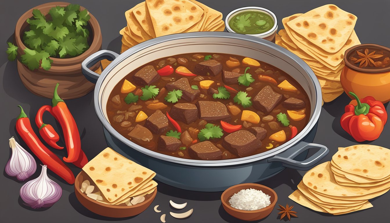 A simmering pot of carne guisada with onions, peppers, and tender chunks of beef, surrounded by warm tortillas and traditional Texan spices