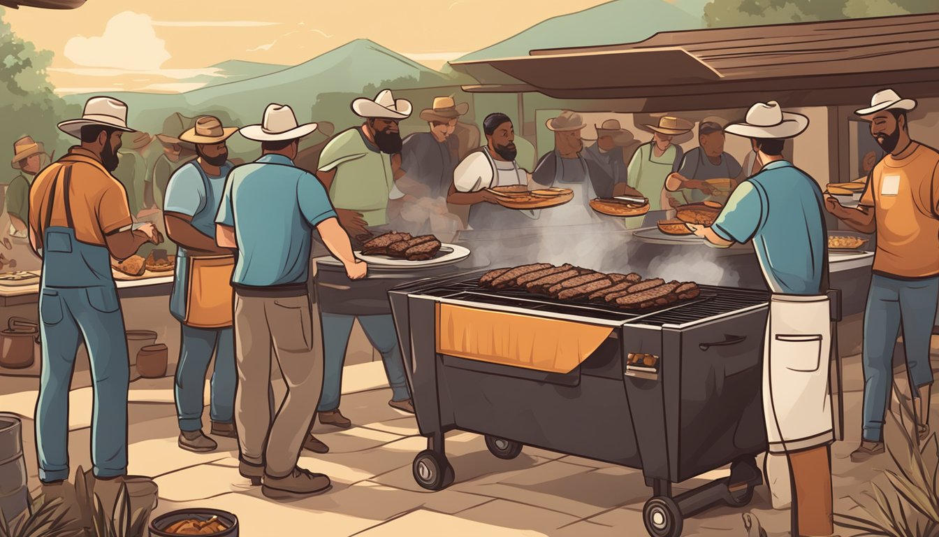 A rustic Texan barbecue pit with smoky beef brisket tacos being prepared and served to a group of enthusiastic locals