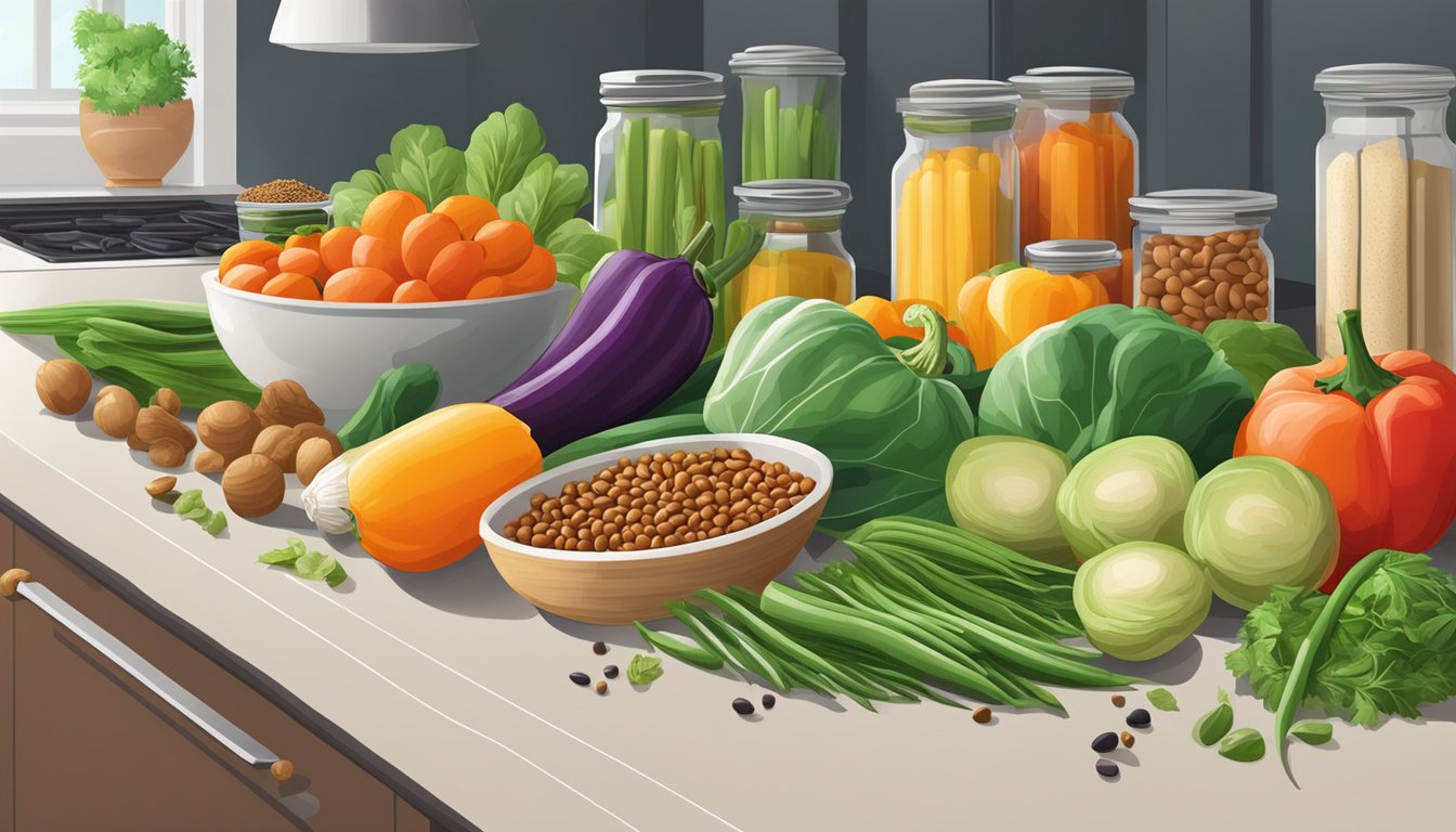 A colorful array of fresh vegetables, beans, and spices arranged on a clean kitchen counter