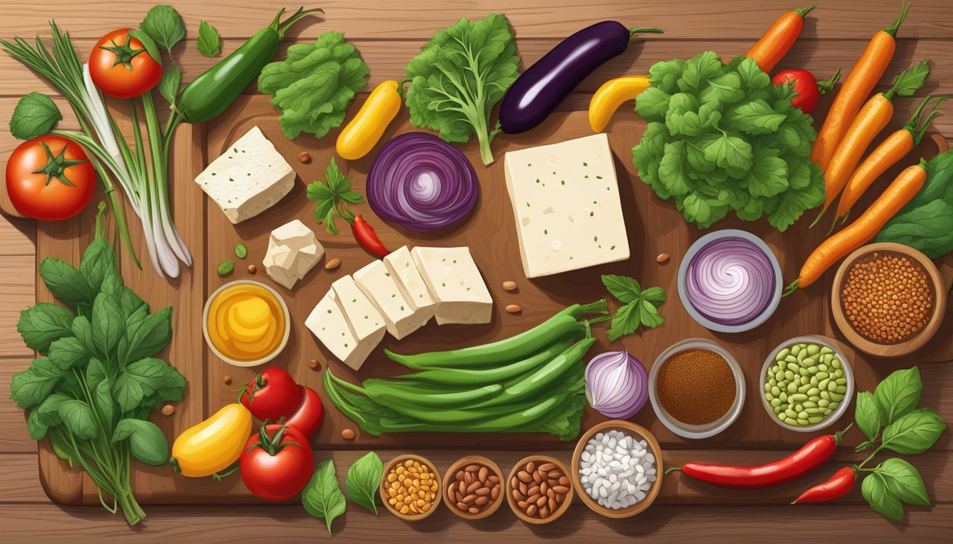 A colorful array of fresh vegetables, beans, and tofu arranged on a wooden cutting board, surrounded by vibrant spices and herbs