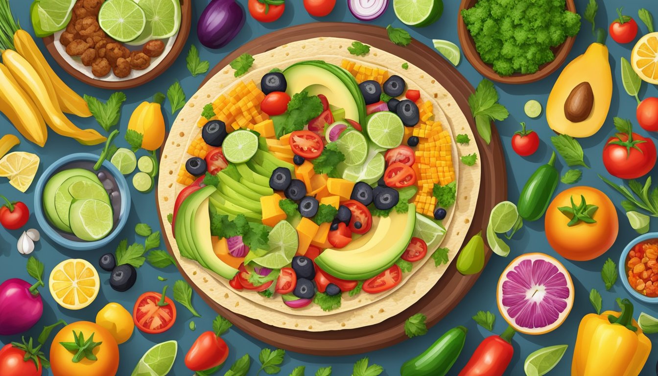 A colorful array of fresh vegetables and fruits arranged around a central tortilla, with various ingredients and spices nearby for creating the ultimate vegetarian taco