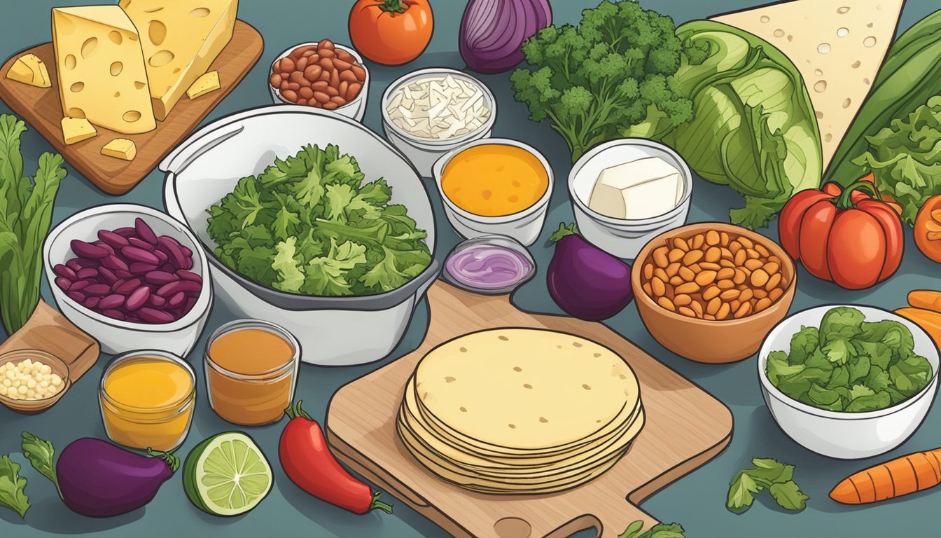 A colorful array of fresh vegetables, beans, cheese, and dairy-free alternatives spread out on a kitchen counter, ready to be assembled into the ultimate vegetarian taco