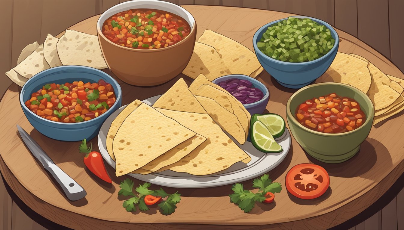 Fresh ingredients laid out on a wooden cutting board, including diced vegetables, beans, and tortillas, with a bowl of homemade salsa and a stack of plates nearby