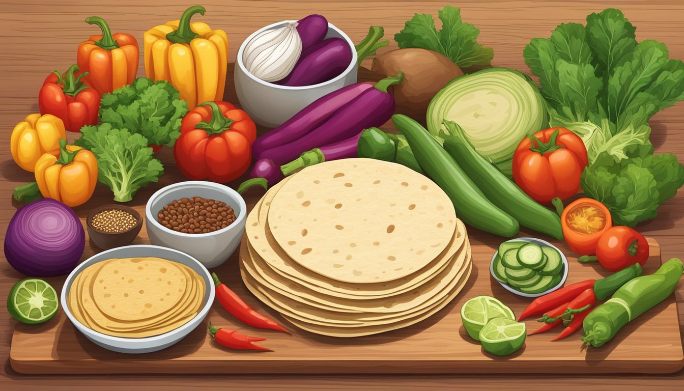 A colorful array of fresh vegetables, beans, and spices arranged on a wooden cutting board, with a stack of soft tortillas nearby