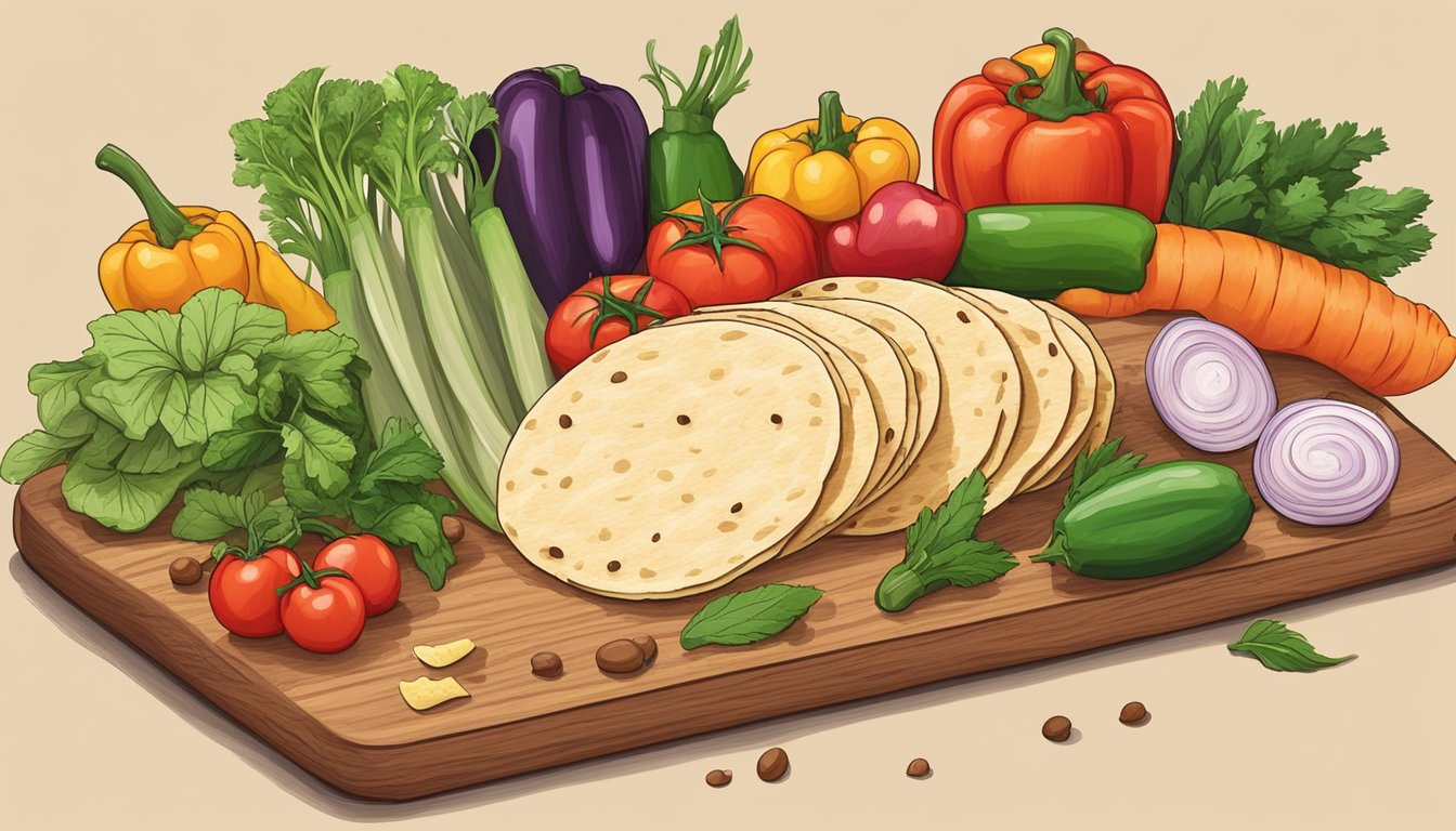 A colorful array of fresh vegetables, herbs, and spices arranged on a wooden cutting board, with a stack of soft tortillas nearby