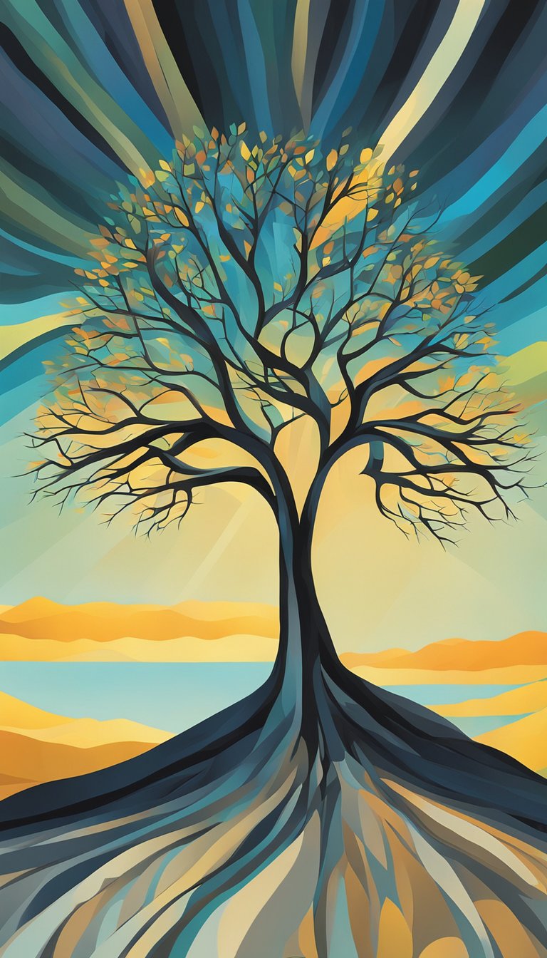 A lone tree stands tall amidst a barren landscape, its branches reaching out towards the sky, symbolizing strength in brokenness