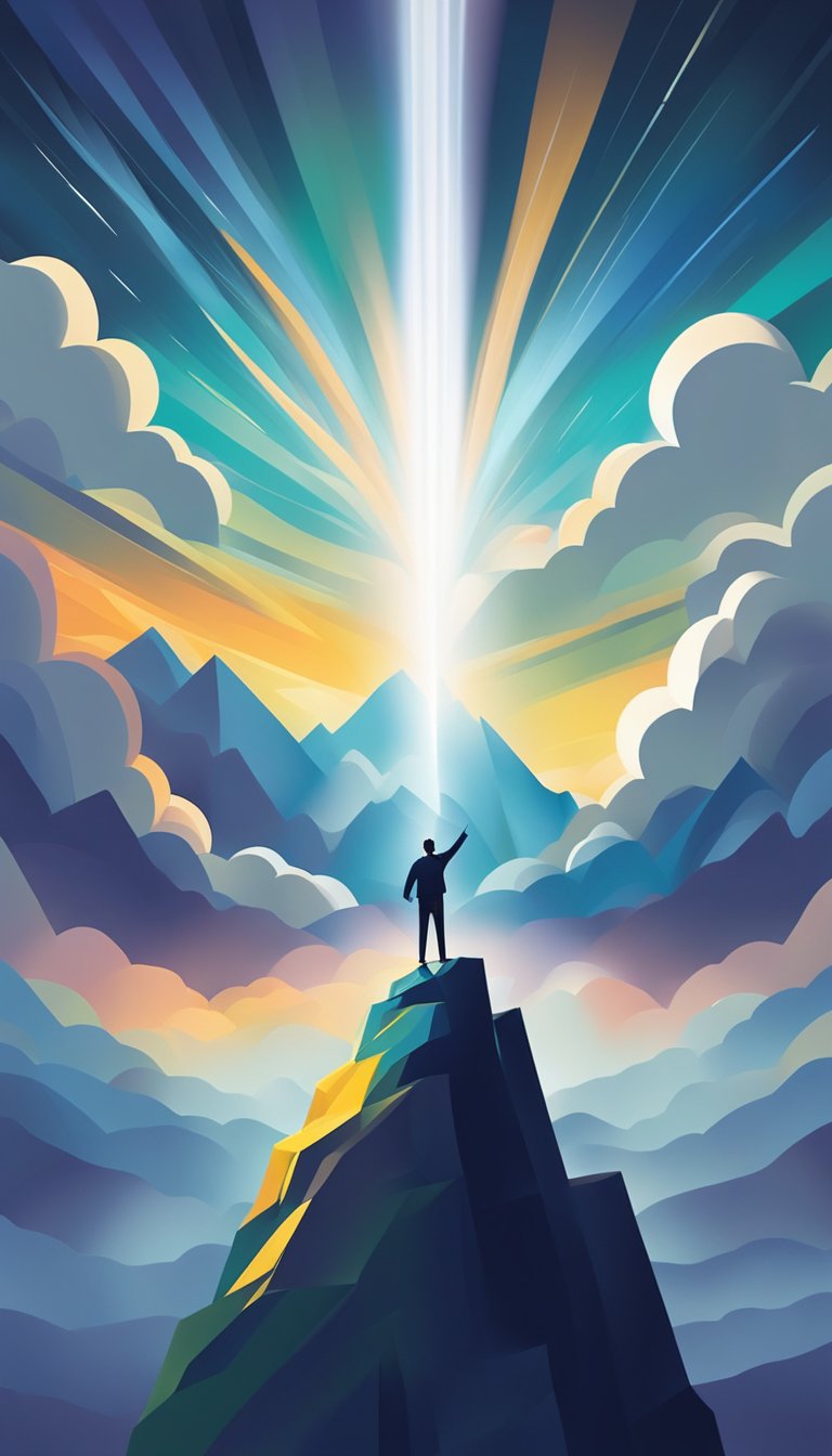 A figure standing on a mountaintop, arms outstretched, surrounded by storm clouds but with a beam of light shining down on them
