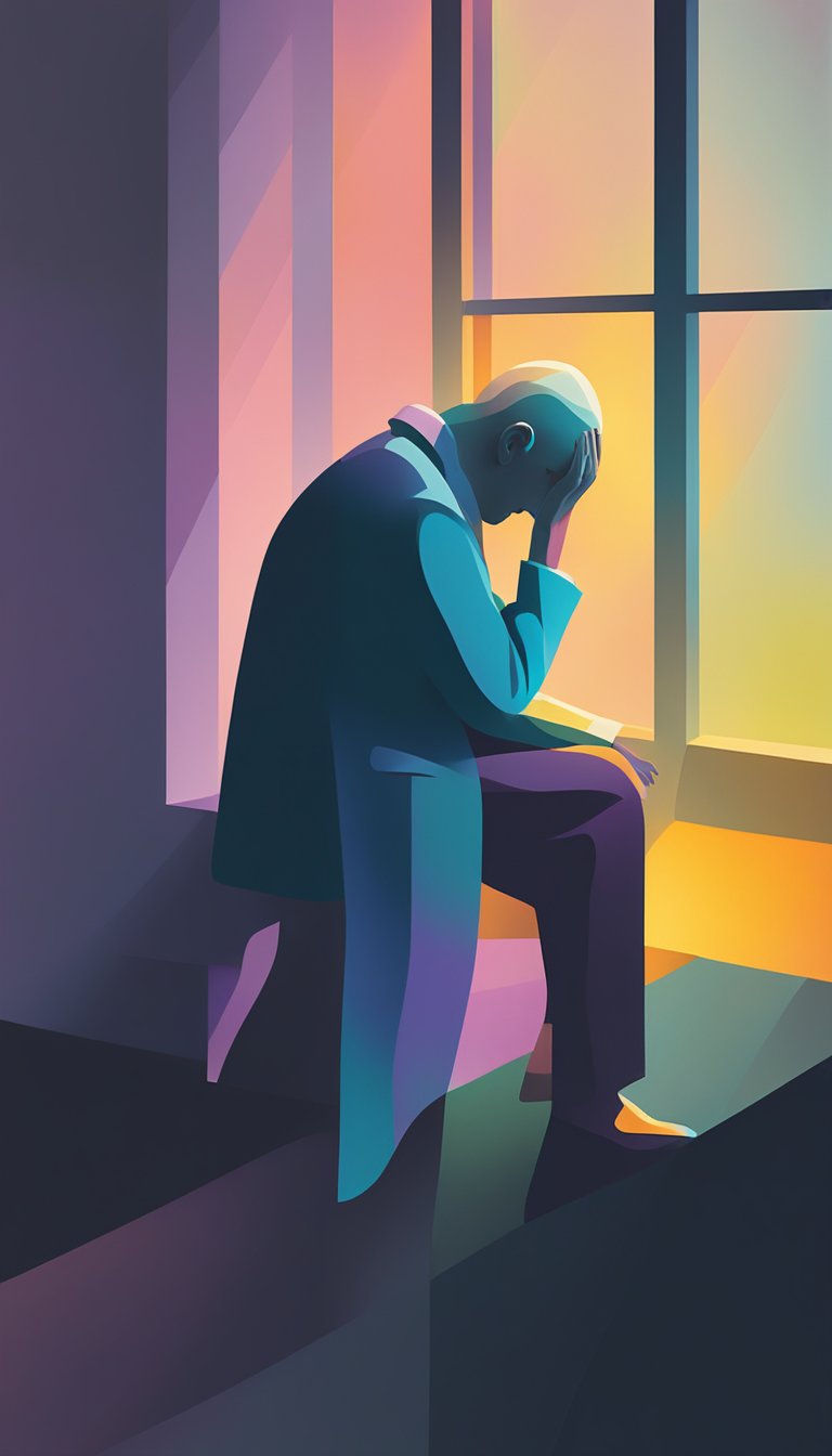 A solitary figure sits in a darkened room, head bowed and shoulders slumped. A faint light filters in through a window, casting a soft glow on the figure, conveying a sense of hope and comfort amidst the despair