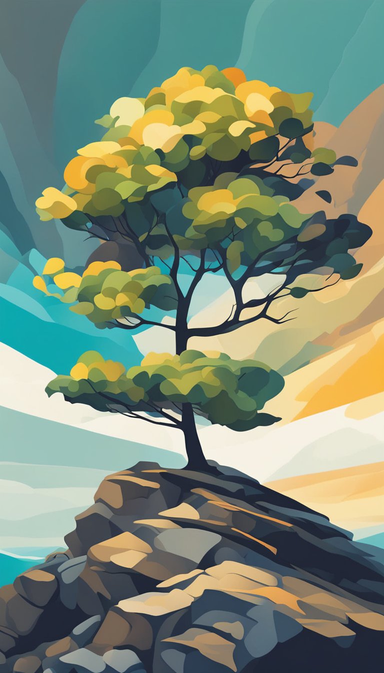 A lone tree stands tall on a rocky cliff, battered by stormy winds but holding strong, symbolizing resilience and strength in the face of adversity