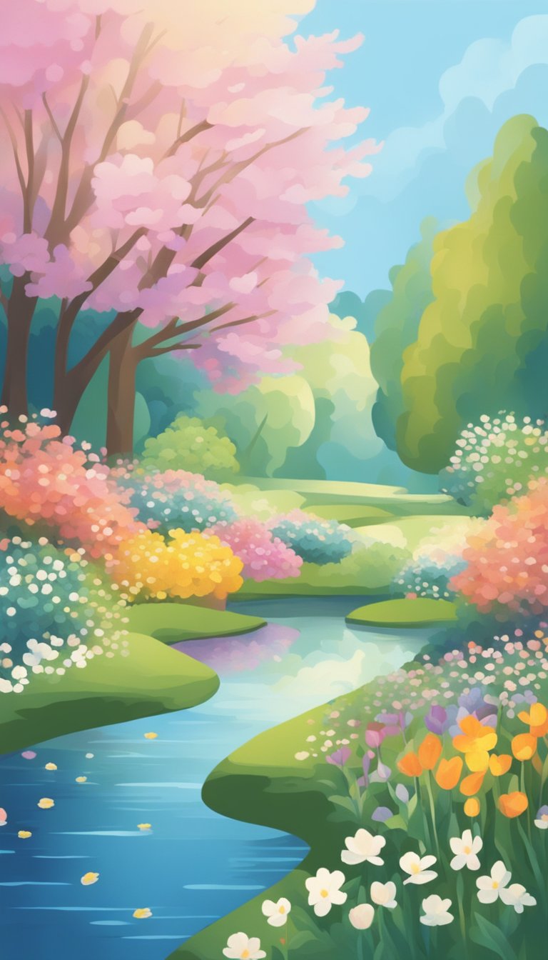 A serene, sunlit garden with a gentle stream and blooming flowers, evoking a sense of tranquility and inner peace