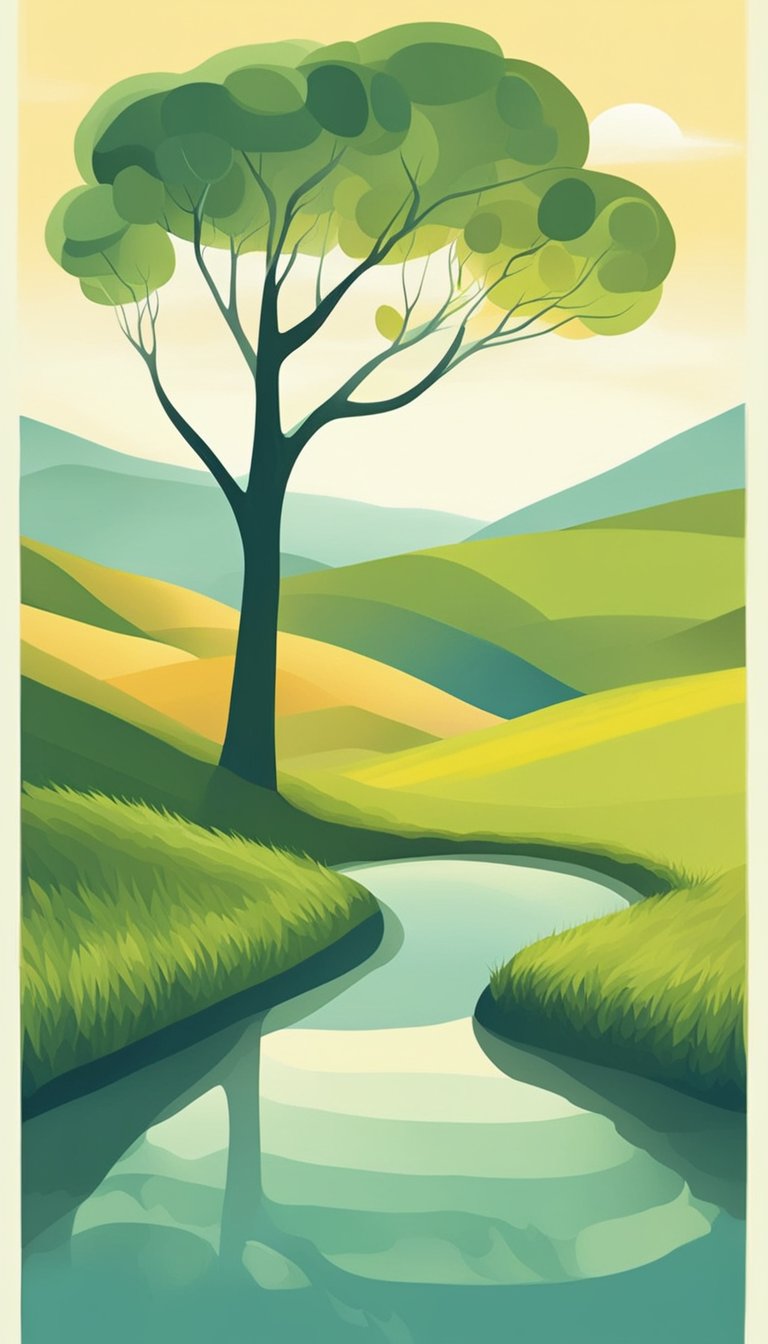 A serene, sunlit meadow with a solitary tree providing shade, surrounded by gentle rolling hills and a clear, calm stream flowing nearby