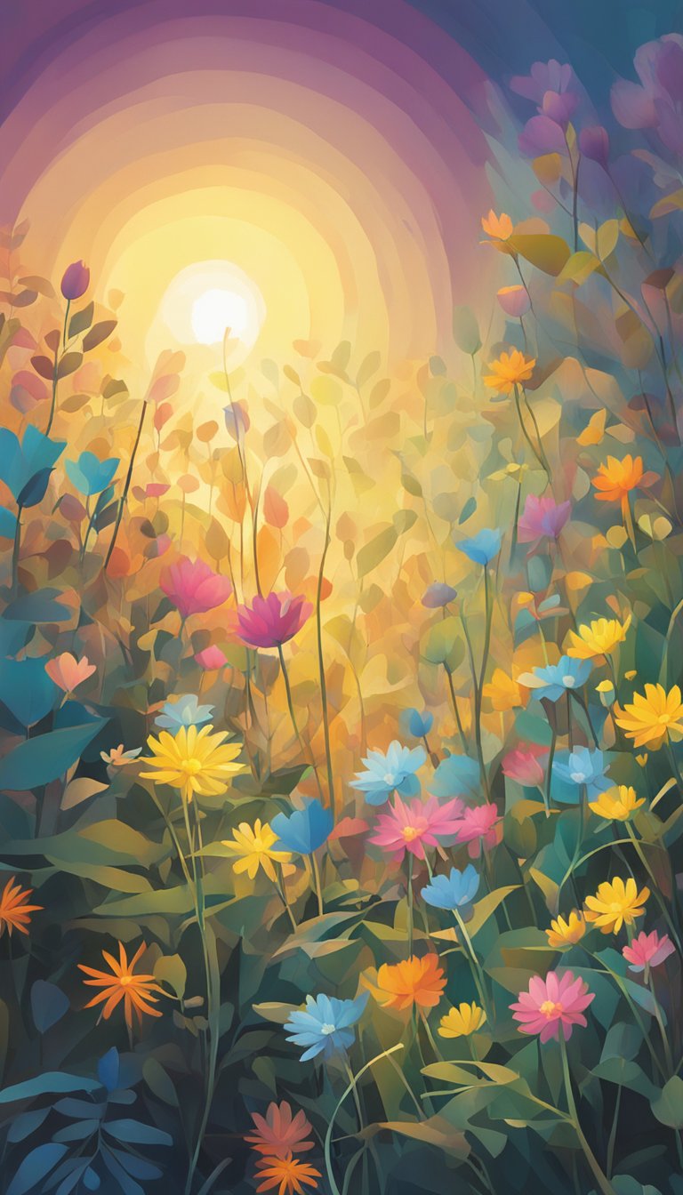 A radiant light shining down on a small, fragile flower, surrounded by other wilting plants, yet it stands tall and strong