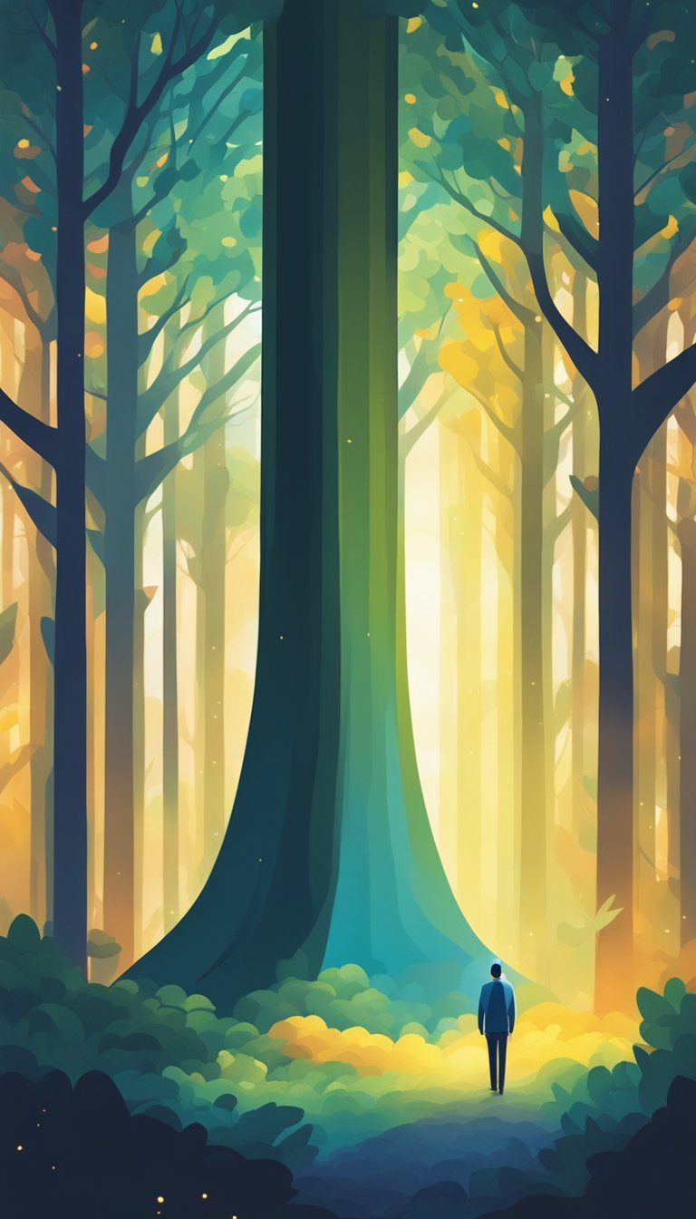 A lone figure stands in a dark forest, surrounded by towering trees. A beam of light breaks through the canopy, casting a sense of hope and peace