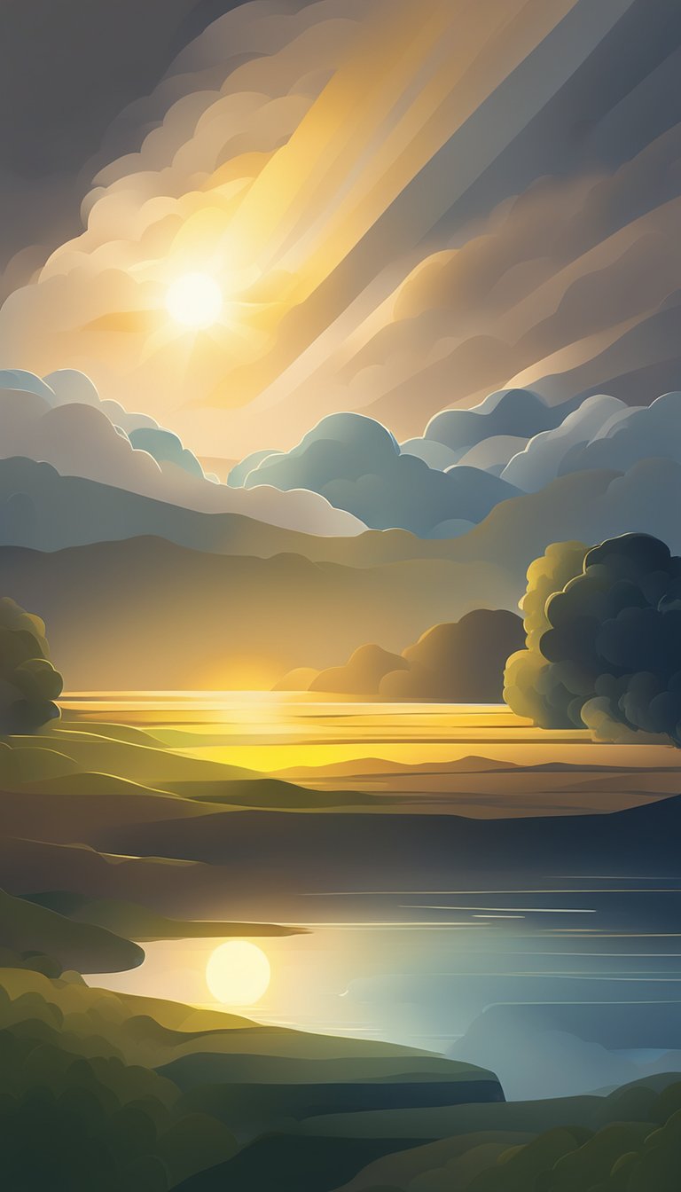 A radiant beam of light shining through dark clouds, casting a warm glow on a peaceful landscape