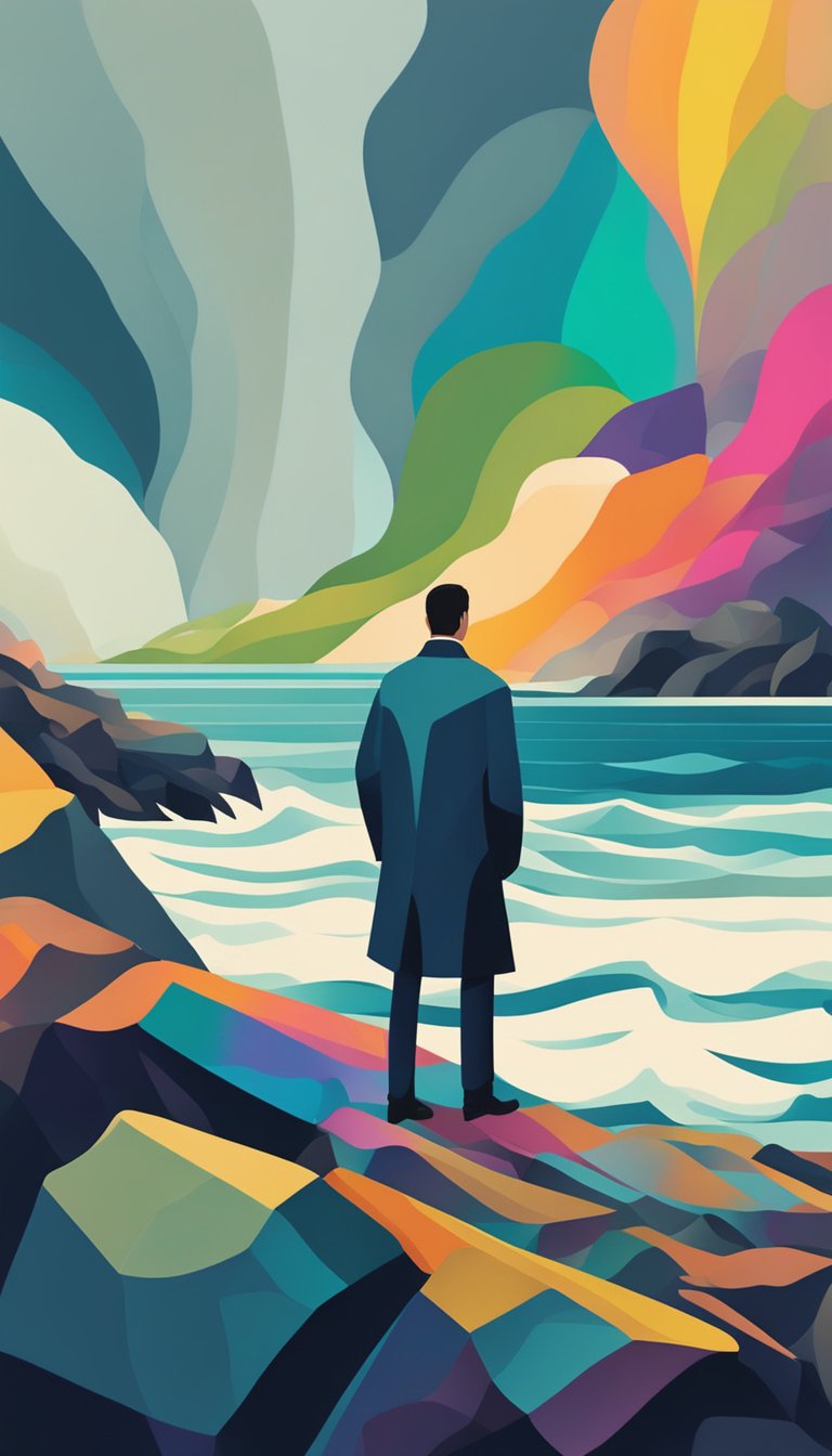 A lone figure standing on a rocky cliff, facing a stormy sea with determination and unwavering resolve