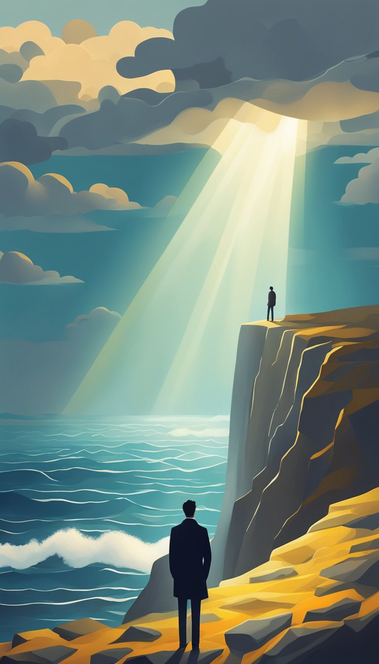 A lone figure stands on a cliff, gazing out at a stormy sea, while a ray of sunlight breaks through the clouds, illuminating the scene