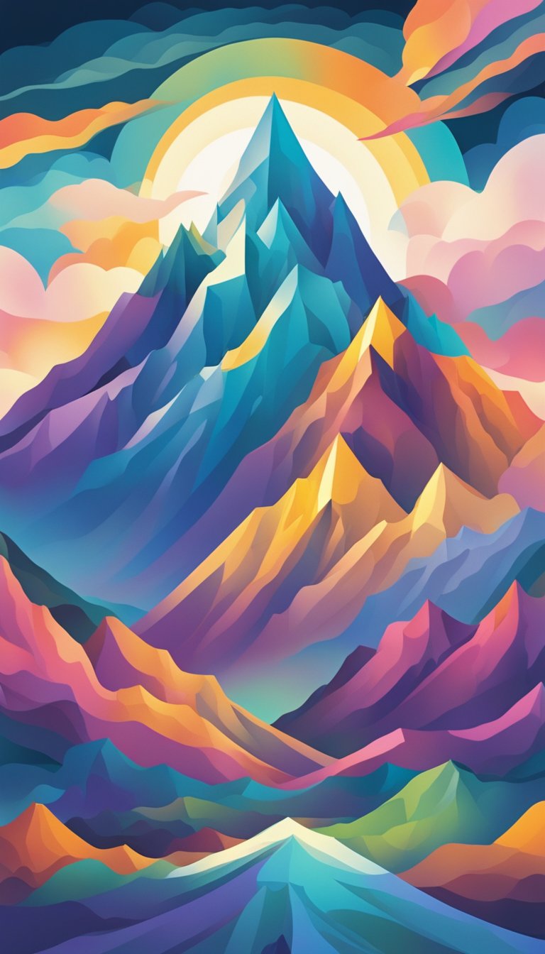 A majestic mountain peak rising above stormy clouds, radiating strength and stability