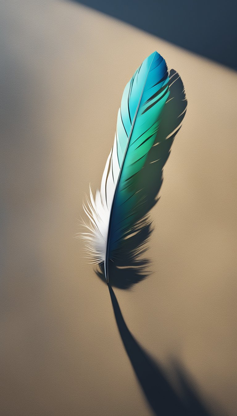 A single delicate feather floating in a beam of light, casting a shadow on a weathered surface