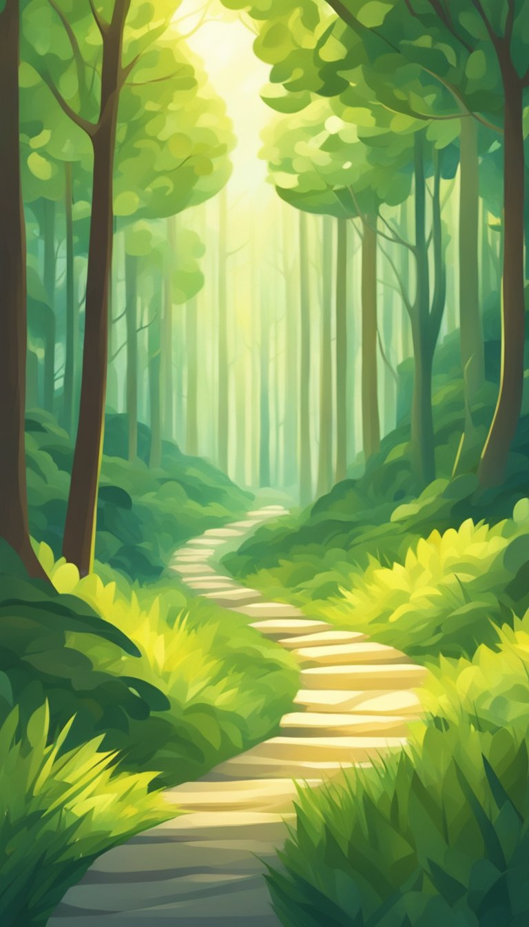 A serene landscape with a winding path leading through a lush, green forest, illuminated by warm sunlight filtering through the branches
