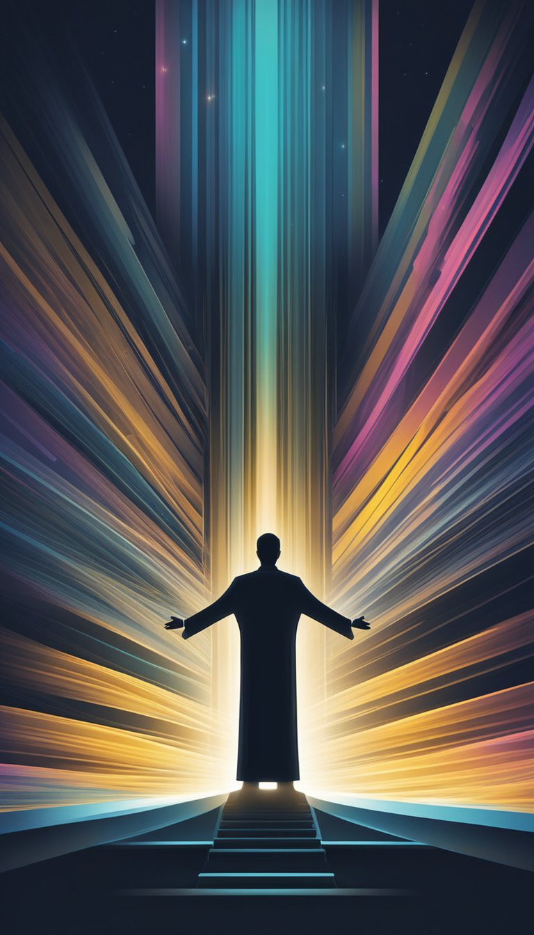 A figure stands in a beam of light, surrounded by darkness. The figure looks upward with a sense of peace and relief