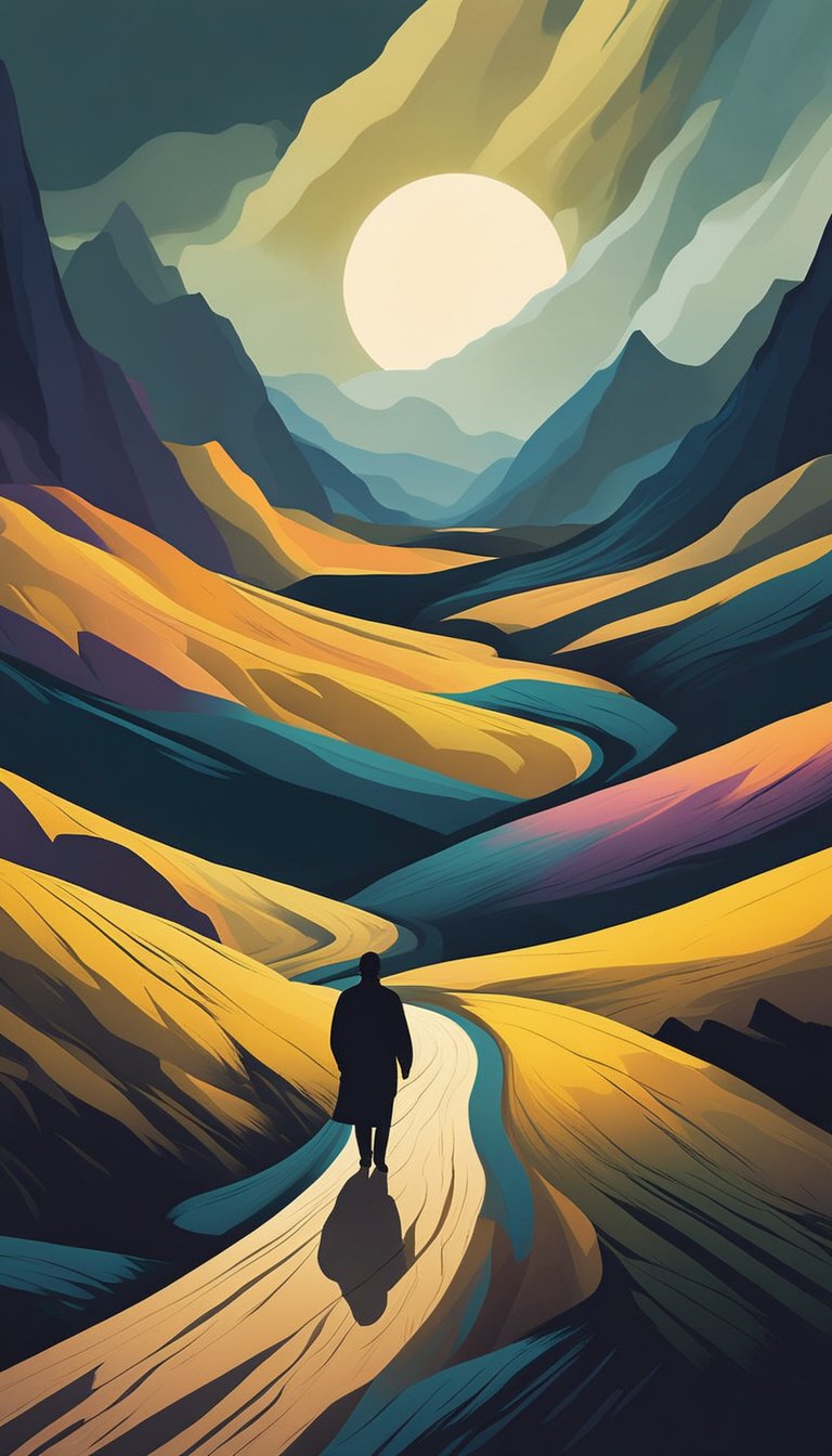 A lone figure walks through a dark valley, surrounded by looming shadows. Despite the ominous atmosphere, a sense of calm and determination emanates from the scene