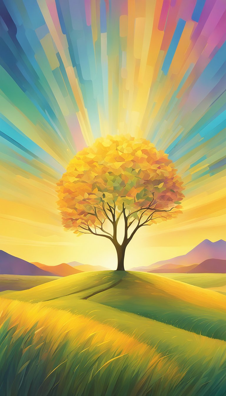 A vibrant sunrise over a serene meadow, with a single tree standing tall amidst the golden light, symbolizing hope and strength in brokenness