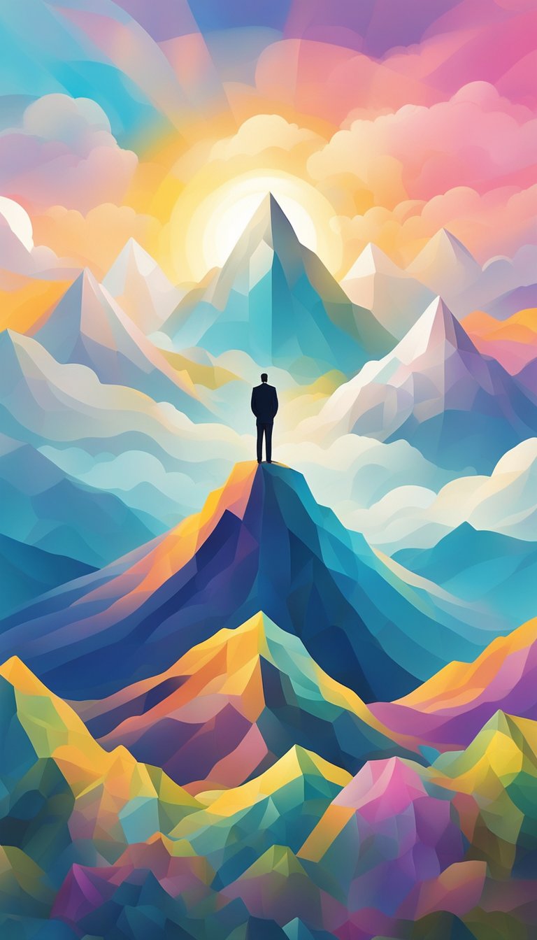 A figure stands on a mountain peak, surrounded by vast, majestic landscapes. The sky is filled with clouds and sunlight, conveying a sense of divine presence and protection