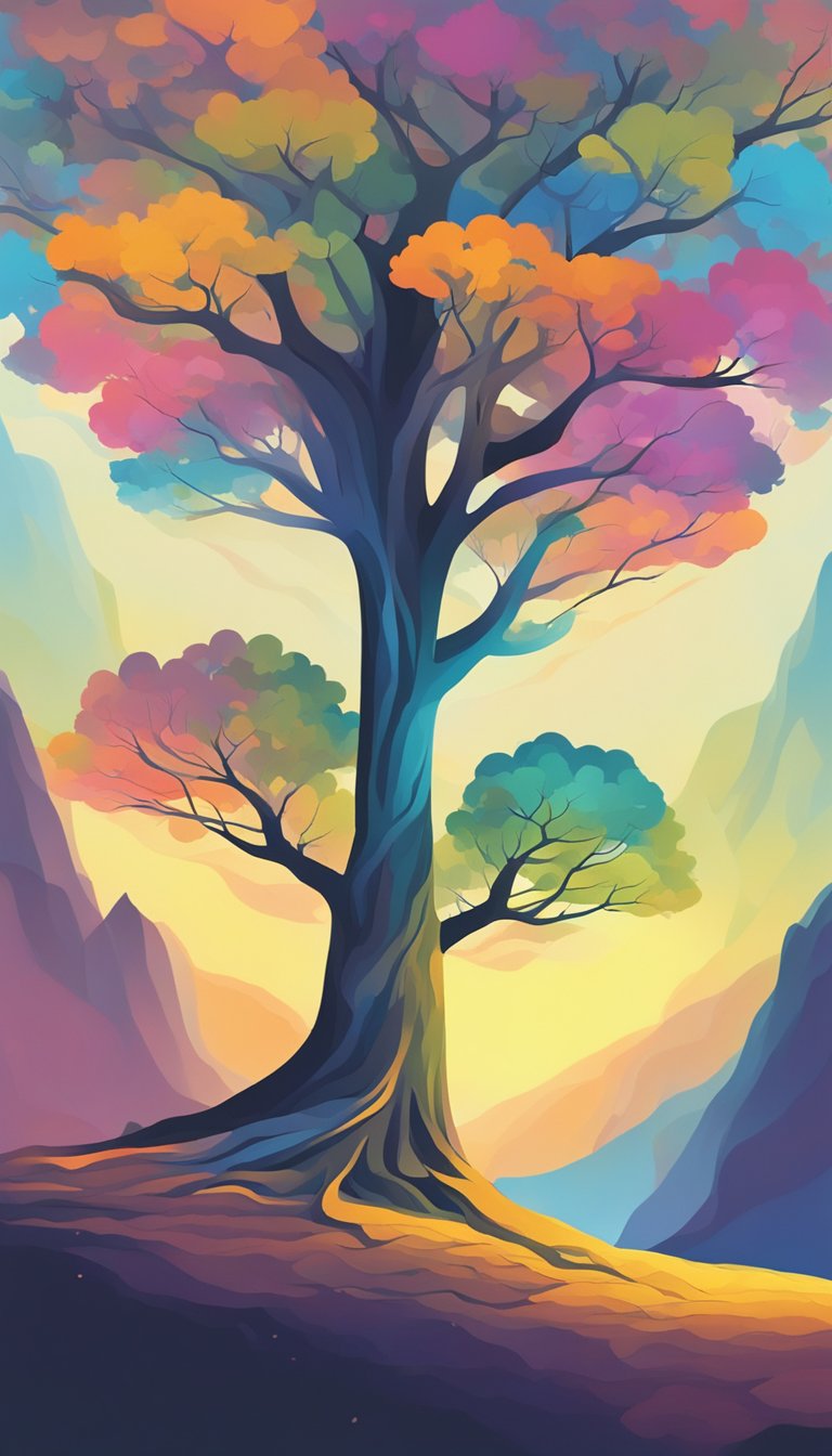 A serene landscape with a towering, ancient tree providing shelter and support to a smaller, fragile sapling beneath its protective branches
