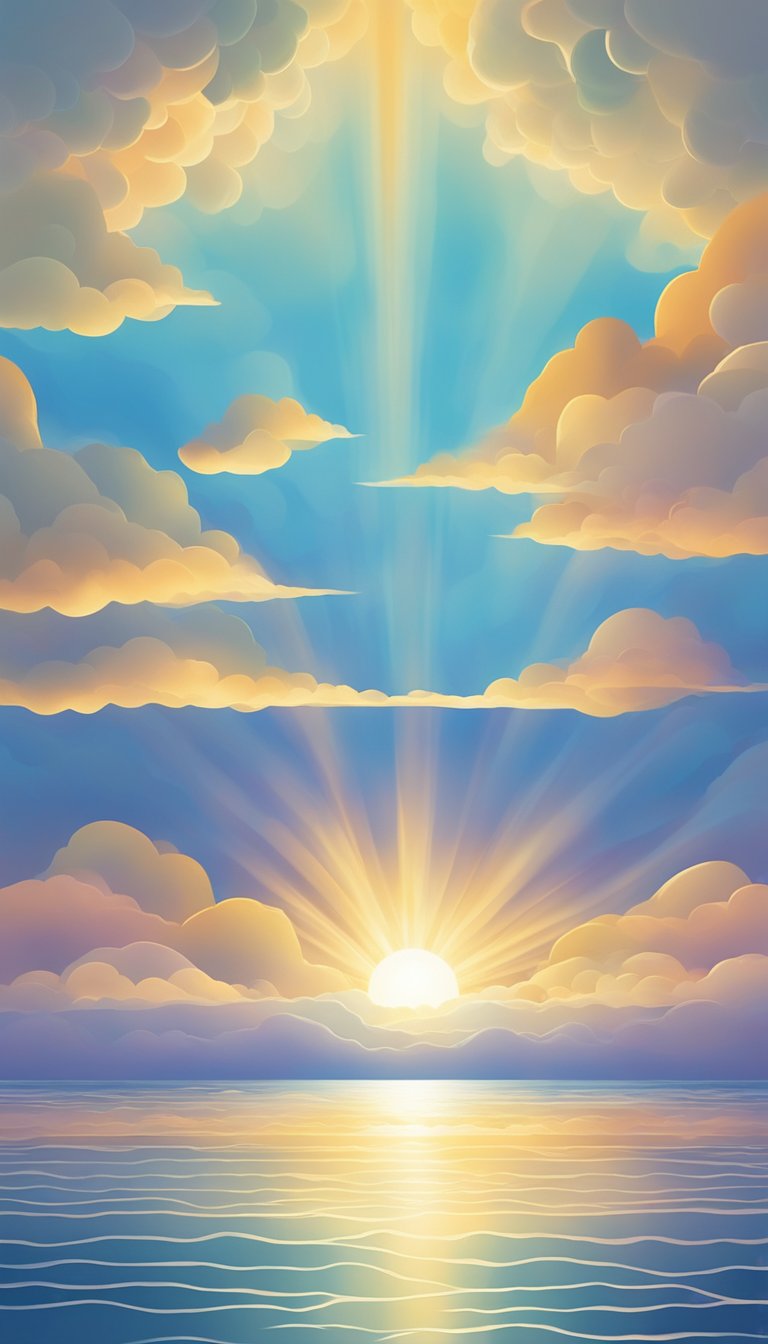 A serene sunrise over a calm ocean, with rays of light breaking through the clouds, symbolizing the enduring love and mercy of the Lord