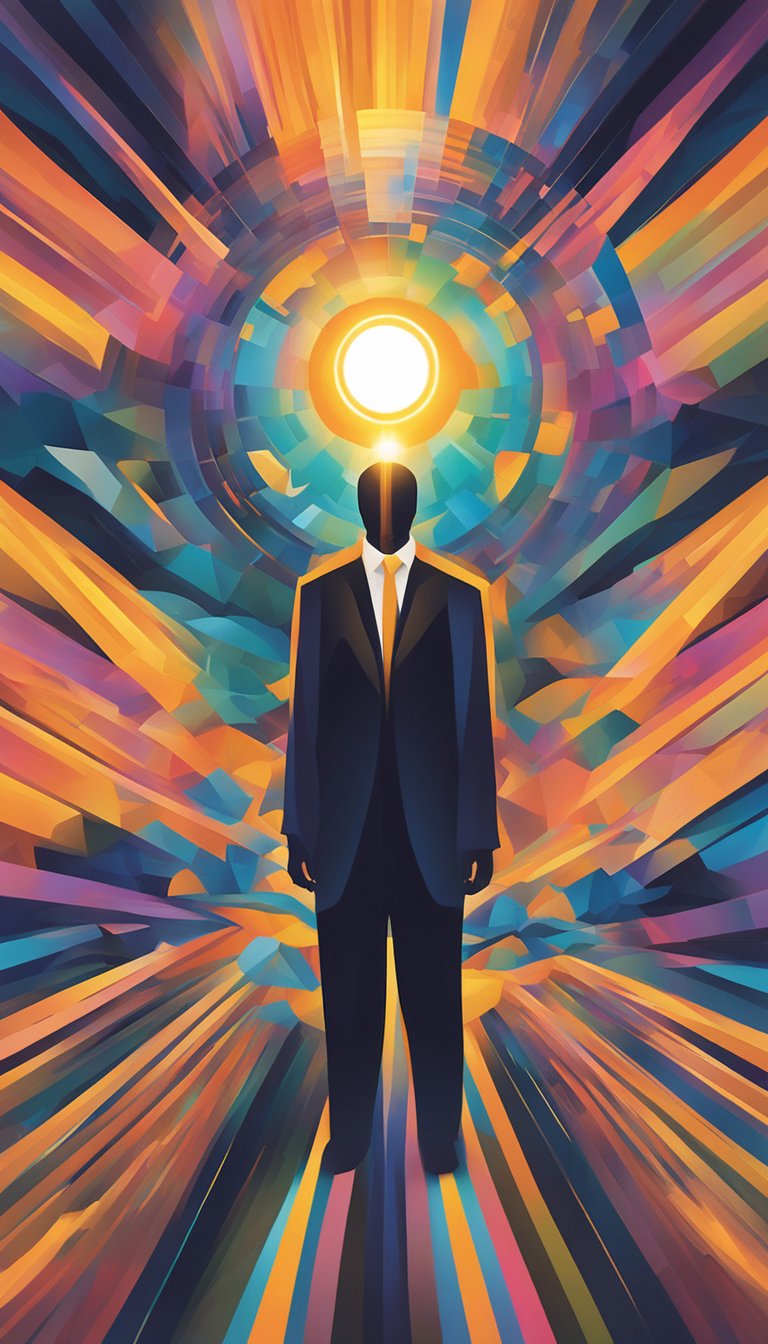 A figure stands tall, surrounded by a warm, glowing light, emanating strength and resilience