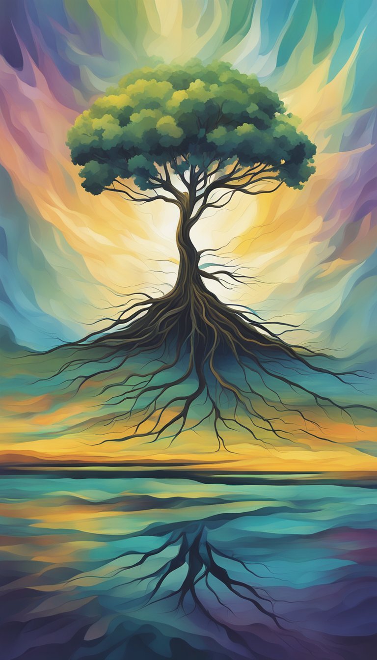 A lone tree standing tall amidst a storm, its roots firmly anchored in the ground, symbolizing strength and resilience in the face of adversity