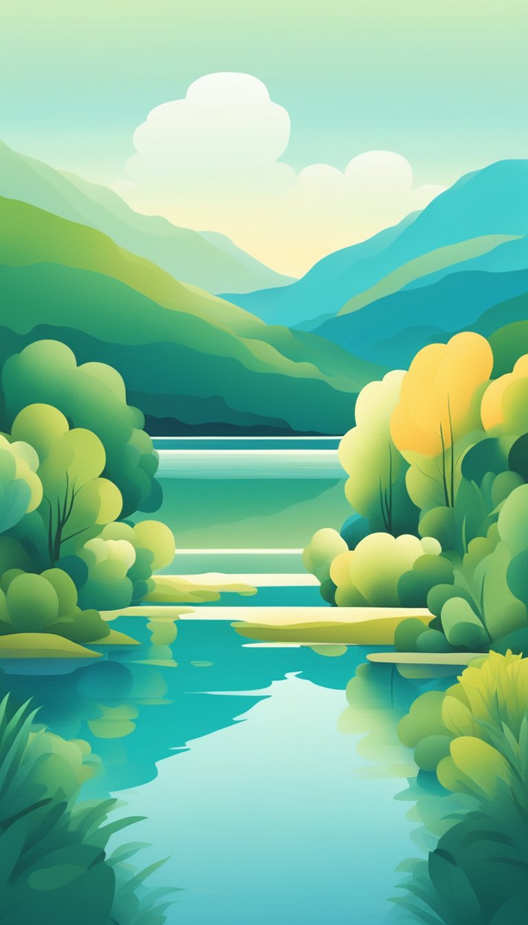 A serene landscape with a calm, still body of water surrounded by lush greenery and a clear blue sky overhead