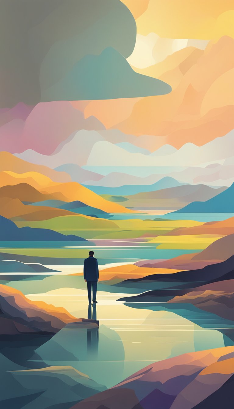A lone figure seeks refuge in a tranquil, sunlit sanctuary amidst a stormy and broken landscape