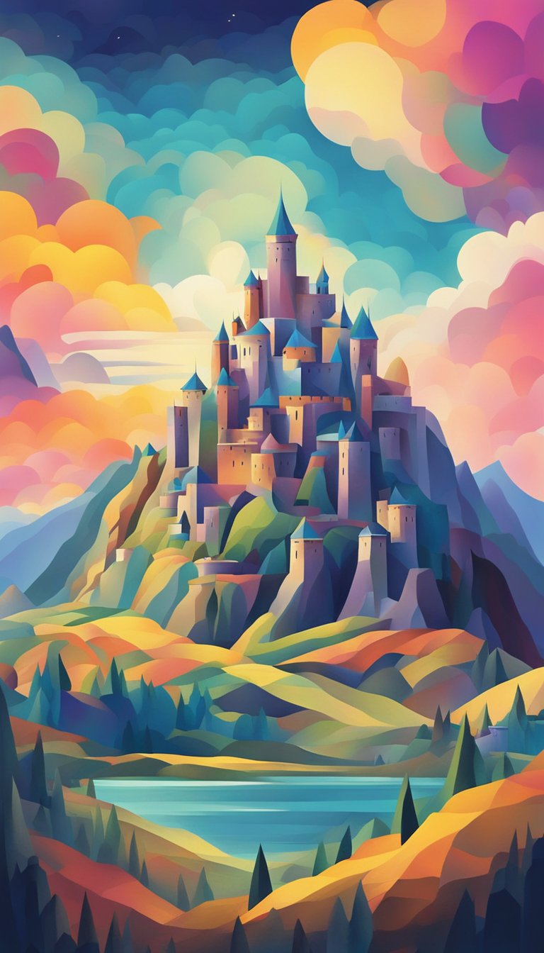 A majestic fortress nestled among mountains, with a powerful presence emanating from within