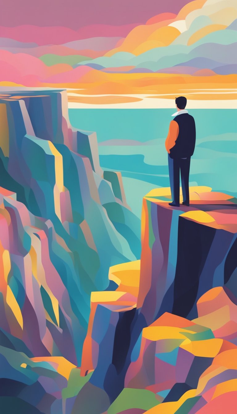 A figure standing on a cliff, casting their worries into the wind as a comforting presence surrounds them