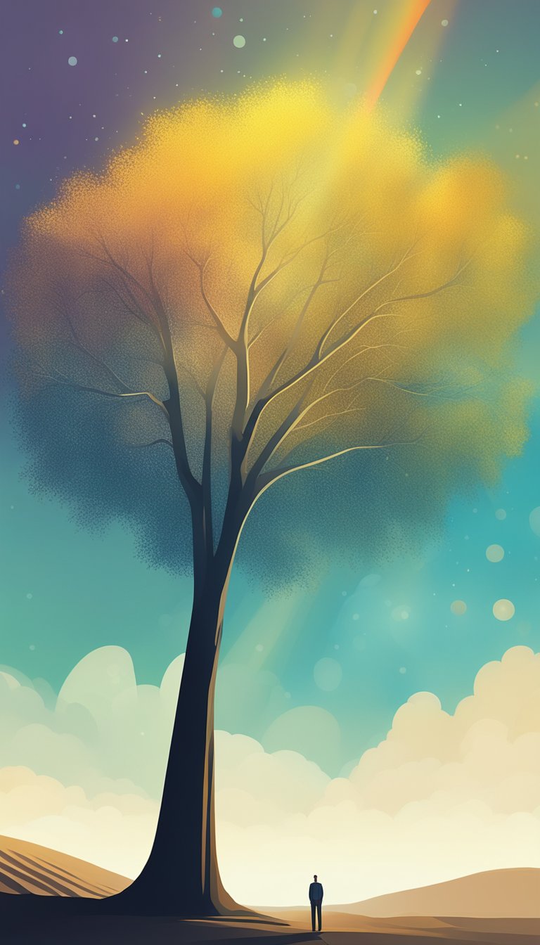 A single tree standing tall in a barren landscape, with a bright beam of light shining down on it from the sky