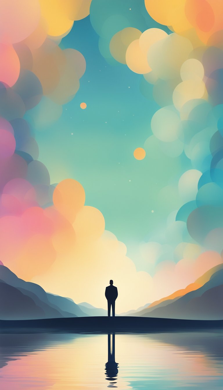 A serene landscape with a peaceful, solitary figure gazing up at the sky, surrounded by a sense of calm and tranquility