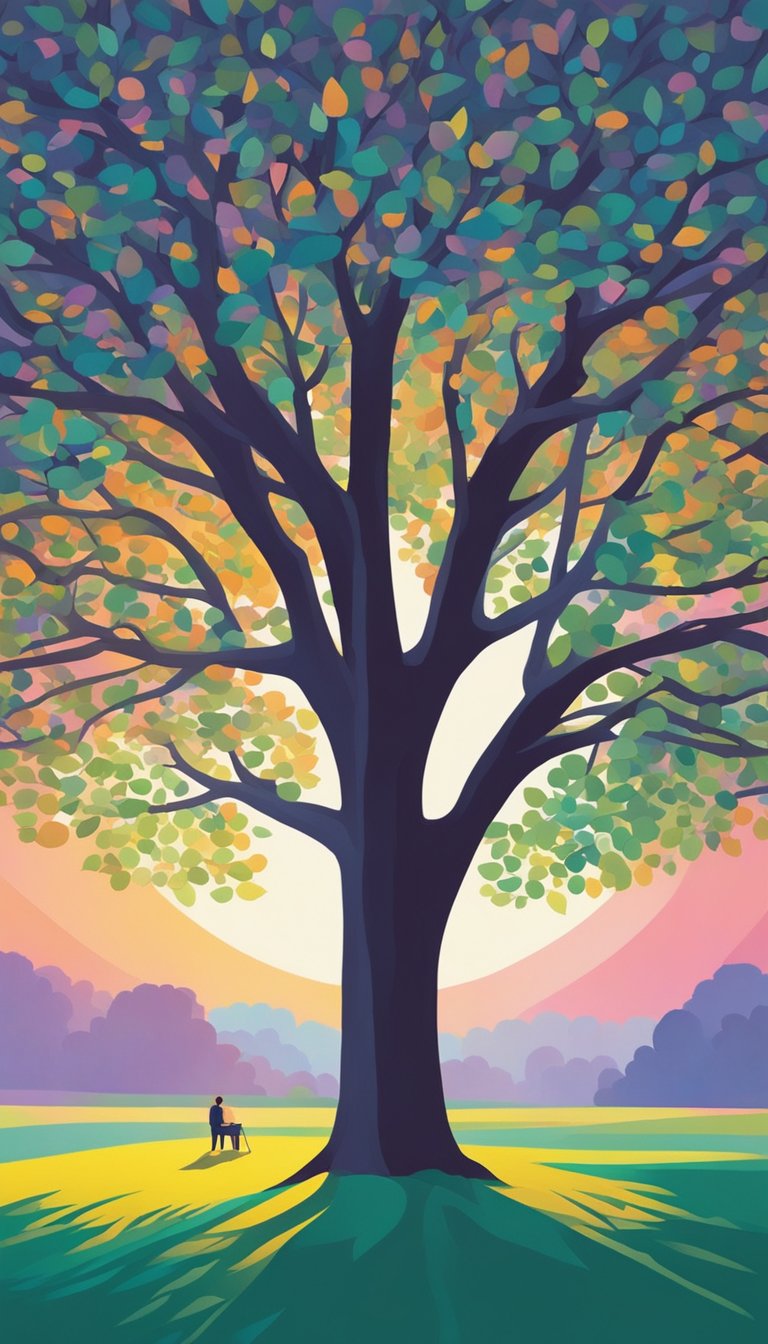 A lone figure finds refuge under the protective branches of a massive tree, bathed in the gentle shadow of its canopy