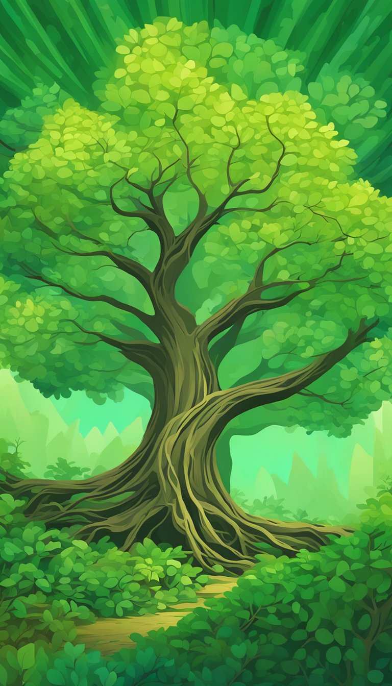 A majestic tree with branches reaching out to support and lift up fallen and bowed down plants in a lush, green forest
