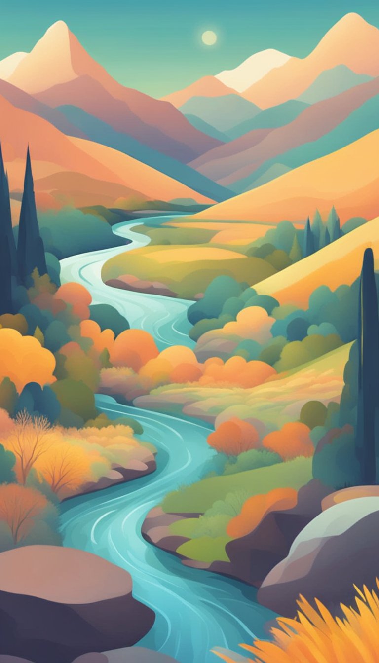 A serene landscape with a gentle stream flowing through a valley, surrounded by tall mountains under a comforting, warm light