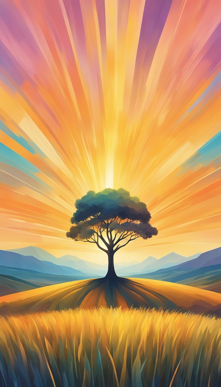 A solitary tree stands tall in a vast, open field, with the golden light of sunset casting a warm glow over the landscape, symbolizing steadfast love and comfort